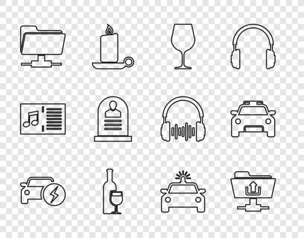 Set line Electric car, FTP folder upload, Wine glass, bottle with, Tombstone RIP written, Police and flasher and icon. Vector — Stok Vektör