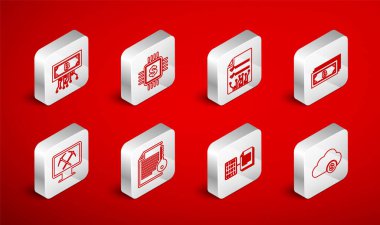 Set line Cryptocurrency cloud mining, Processor chip with dollar, Smart contract, bitcoin, circuit, and Mining monitor and pickaxe icon. Vector