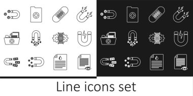 Set line Paper page with eye, Magnet lightning, Bandage plaster, money, Health record folder, Customer attracting, Gene editing and Clinical icon. Vector