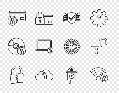 Set line Broken or cracked lock, Wifi locked, Cyber security, Cloud computing, Credit card with, Laptop and, Retro wall watch and Open padlock icon. Vector