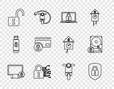 Set line Lock on monitor, Shield security with lock, Laptop and, Cyber, Open padlock, Credit card, Scooter and Hard disk drive icon. Vector