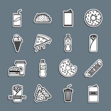 Set hattı bira kutusu, Hotdog sandviçi, burrito, alüminyum, pizza dilimi, dondurmalı waffle konisi, saman ve şişe su ikonu ile soda. Vektör