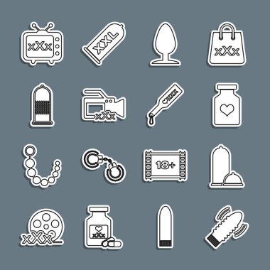 Set line Dildo vibrator for sex games, Condoms safe, Bottle with pills potency, Anal plug, Video camera Sex, tv old television and Spanking paddle icon. Vector