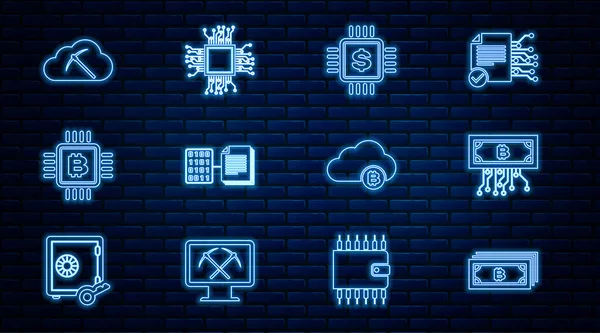 Set line Cryptocurrency bitcoin, with circuit, Processor chip dollar, Smart contract, CPU mining farm, cloud, and icon. Vector