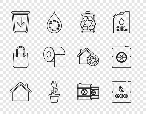 Set line House, Bio fuel barrel, Battery with recycle, Electric saving plug in pot, Send to the trash, Toilet paper roll, Radioactive waste and icon. Vector — Vetor de Stock
