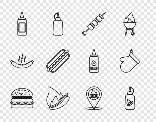 Set line Burger, Ketchup bottle, Grilled shish kebab, Hot chili pepper pod, Mustard, Hotdog sandwich, Location with barbecue and Oven glove icon. Vector —  Vetores de Stock