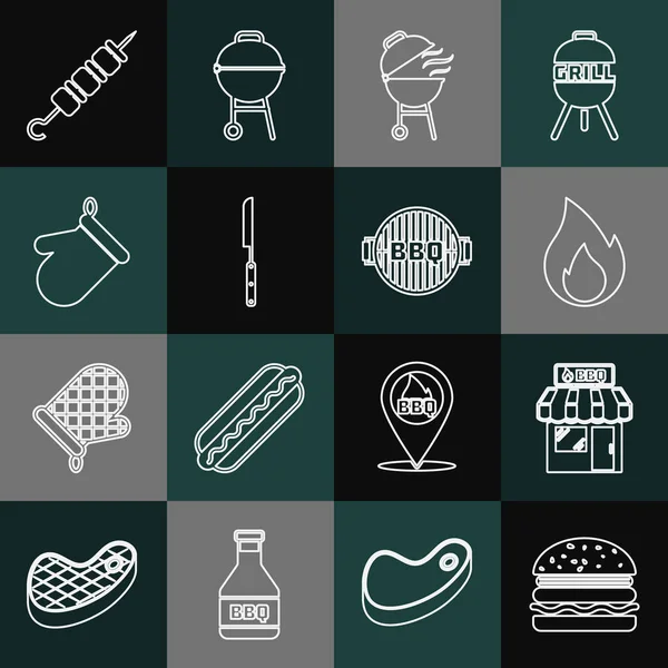 Set line Burger, Barbecue shopping building, Fire flame, grill, knife, Oven glove, Grilled shish kebab and icon. Vector — Stockvektor