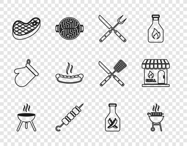 Set line Barbecue grill, grilled shish kebab, Crossed fork and knife, Grilled, Steak meat, Hotdog sandwich, Ketchup bottle and shopping building icon. Vector — 图库矢量图片