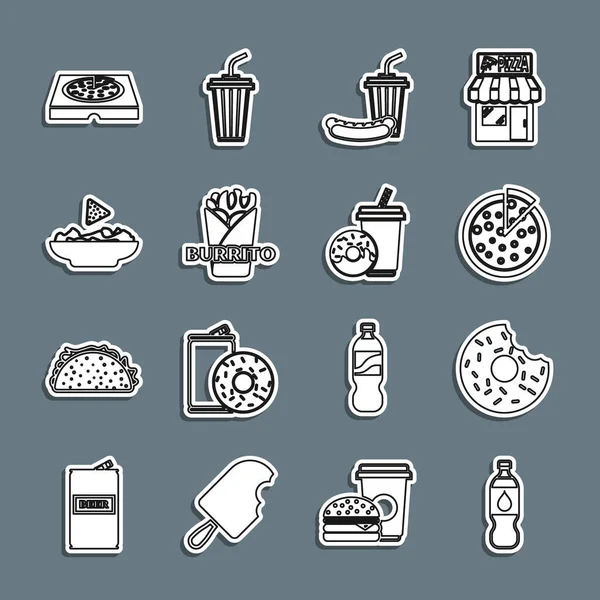 Set line Bottle of water, Donut, Pizza, Soda and hotdog, Burrito, Nachos in plate, cardboard box and drink with donut icon. Vector — Διανυσματικό Αρχείο