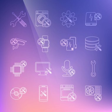 Set line Air conditioner service, Wrench, Database server, and screwdriver in gear, Smartwatch, Security camera, Crossed wrench and Power bank icon. Vector