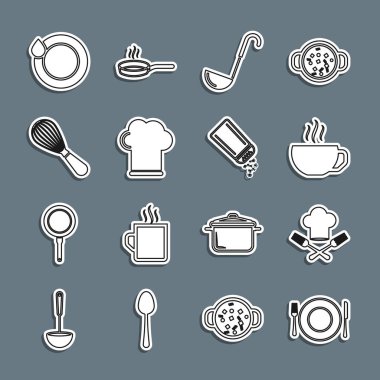 Set line Plate, fork and knife, Chef hat, Coffee cup, Kitchen ladle, whisk, Washing dishes and Salt pepper icon. Vector