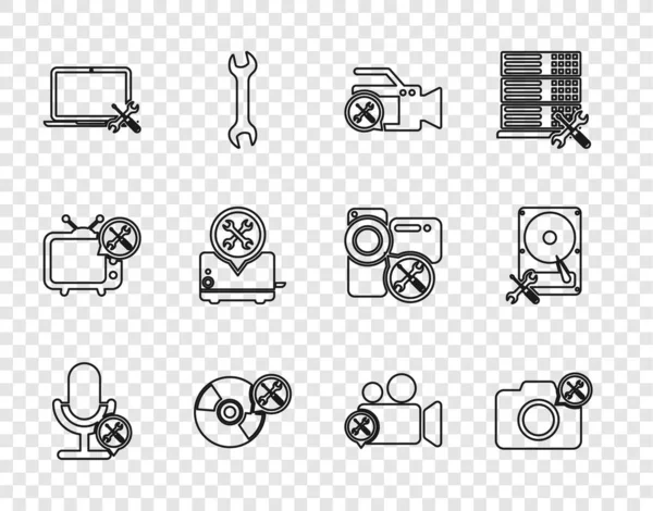 Set line Microphone service, Photo camera, Video, CD or DVD disk, Laptop, Toaster, and Hard drive icon. Vector — 图库矢量图片