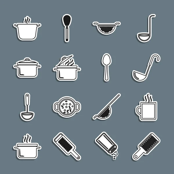 Establecer línea rallador, taza de café, cucharón de cocina, escurridor, olla de cocina, y cuchara icono. Vector — Archivo Imágenes Vectoriales