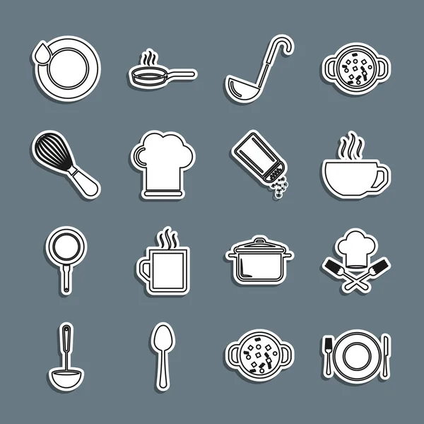 Set line Πιάτο, πιρούνι και μαχαίρι, Chef καπέλο, φλιτζάνι καφέ, Κουζίνα κουτάλα, σύρμα, Πλυντήριο πιάτων και το εικονίδιο Αλάτι πιπέρι. Διάνυσμα — Διανυσματικό Αρχείο