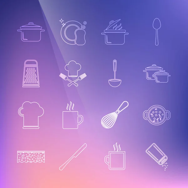 Set line Salt and pepper, Cooking soup in pot, Chef hat fork, Grater, and Kitchen ladle icon. Vector — Διανυσματικό Αρχείο