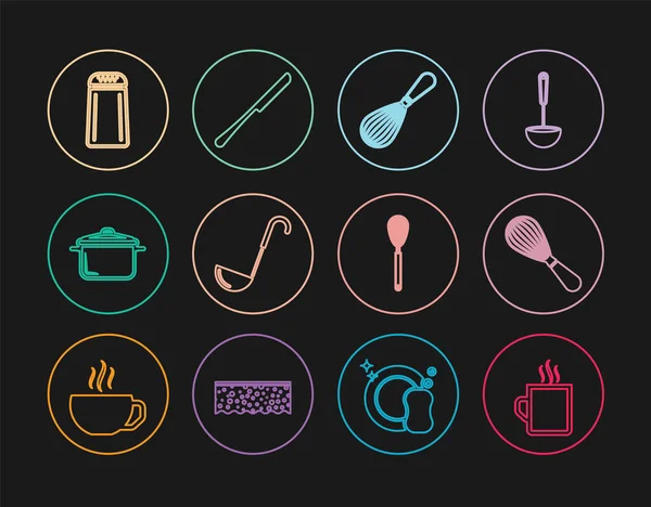 Set line Coffee cup, Kitchen whisk, ladle, Cooking pot, Salt and pepper, and Knife icon. Vector — Stockvector