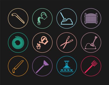 Set line Garden pitchfork, Shovel in the ground, Watering can, hose fire hose, saw, Gardening handmade scissor and icon. Vector