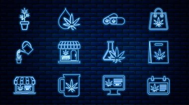 Set line Calendar and marijuana, Shopping bag of, Medical pills with, Marijuana cannabis store, Watering, plant pot, Test tube and leaf oil icon. Vector