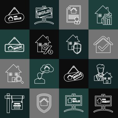 Set line Hanging sign with For Rent, Realtor, House check mark, contract, percant, Sold, Sale and under protection icon. Vector
