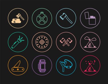 Set line Tourist tent with flag, Wooden axe, Compass, Flashlight, and wood, Crossed wooden and Canteen water bottle icon. Vector