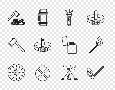Set line Compass, Burning match with fire, Flashlight, Canteen water bottle, Wooden axe and wood, Head flashlight, Tourist tent flag and icon. Vector