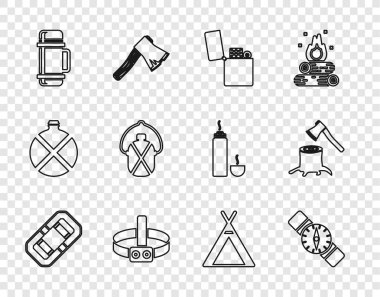 Set line Rafting boat, Compass, Lighter, Head flashlight, Thermos container, Canteen water bottle, Tourist tent and Wooden axe stump icon. Vector