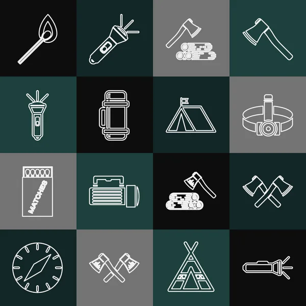Set line Flashlight, Crossed wooden axe, Head flashlight, Wooden and, Thermos container, Burning match with fire and Tourist tent flag icon. Vector — ストックベクタ