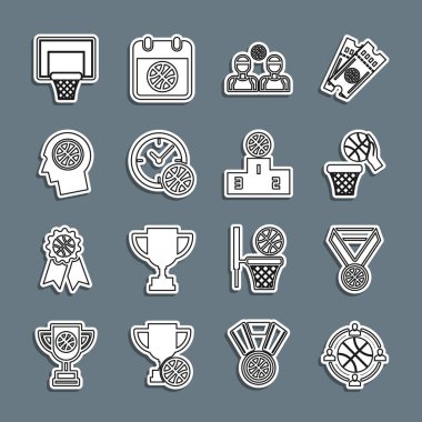 Set line Planning strategy, Basketball medal, and basket, players, Clock with basketball, Thoughts on, backboard and Sports winner podium icon. Vector