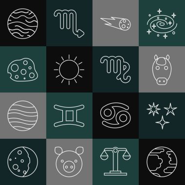 Set line Planet Mercury Falling star Horse zodiac Comet falling down fast Sun Asteroid Venus and Virgo icon. Vector.