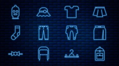 Set line Backpack Skirt T-shirt Pants Socks Balaclava and Elegant women hat icon. Vector.