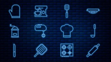 Set line Rolling pin Kitchen ladle Spatula Electric mixer Manual coffee grinder Oven glove Chef hat and icon. Vector.