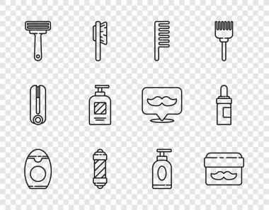 Set line Bottle of shampoo Cream or lotion cosmetic jar Hairbrush Classic Barber shop pole Shaving razor tube and Beard and mustaches care oil bottle icon. Vector.