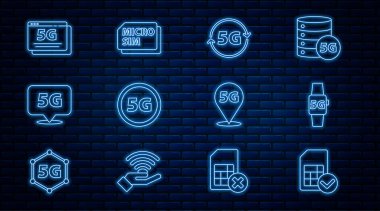 Set line Sim card Smart watch 5G network Location and Micro Card icon. Vector.