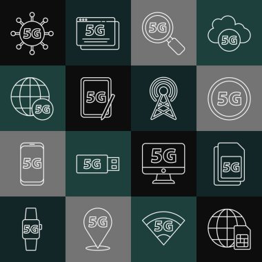 Set line Globe 5G Sim Card network Search Graphic tablet with and Antenna icon. Vector.