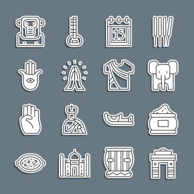Set line India Gate in Delhi Indian spice Elephant Independence day Hands praying position Hamsa hand Monkey and man dress icon. Vector.