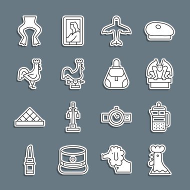 Set line French rooster press Gargoyle on pedestal Plane Rooster weather vane Frog legs and Handbag icon. Vector.