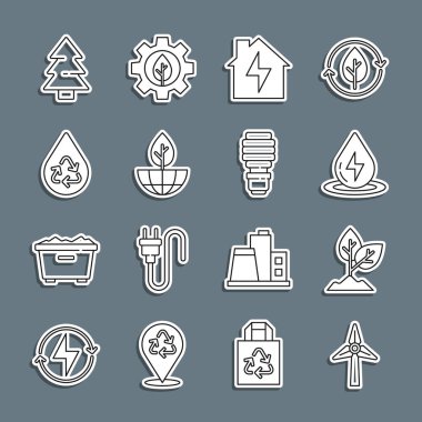 Set line Wind turbine Plant Water energy House and lightning Earth globe plant Recycle clean aqua Christmas tree and LED bulb icon. Vector.