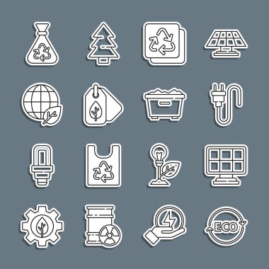 Set line Label for eco healthy food Solar energy panel Electric plug Recycle Tag with leaf Earth globe and Garbage bag recycle and Trash can icon. Vector.