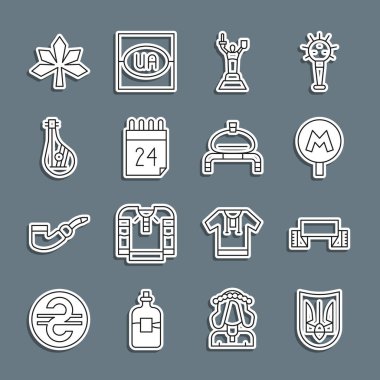 Set line Ukrainian trident Embroidered towel Metro or Underground Mother Motherland monument Independence day of Ukraine Bandura Chestnut leaf and Bread salt icon. Vector.