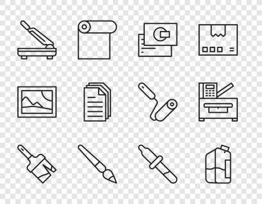Set line Paint brush Printer ink bottle Business card Paper cutter File document Pipette and Copy machine icon. Vector.