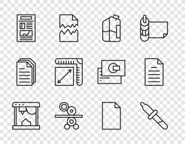 Set line 3D printer Pipette Printer ink bottle Paper roll of printing press News size Empty document and File icon. Vector.