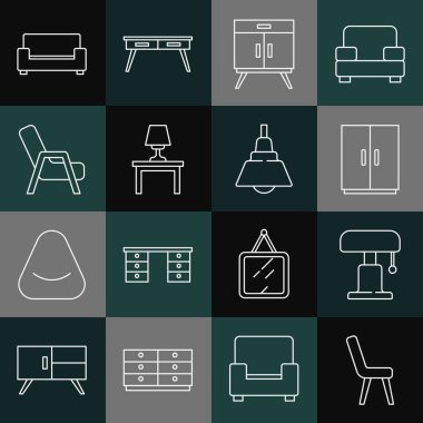 Set line Armchair Table lamp Wardrobe Chest of drawers on table Sofa and Chandelier icon. Vector.