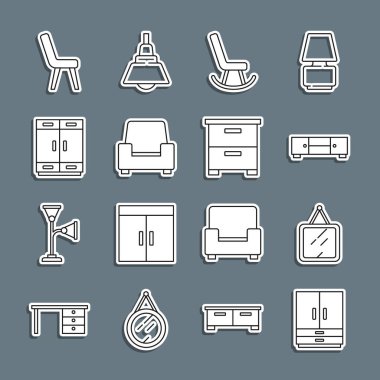 Set line Wardrobe Mirror Chest of drawers Armchair and Furniture nightstand icon. Vector.