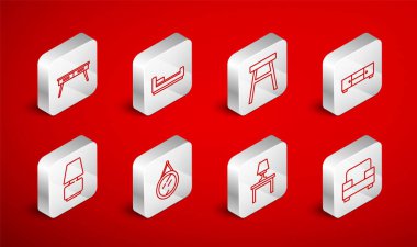 Set line Armchair Bed Chair Chest of drawers Table lamp on table Office desk Mirror and icon. Vector.