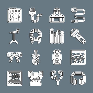 Set line Headphones Oscilloscope Microphone DJ playing music Audio jack with stand Sound mixer controller and Music equalizer icon. Vector.