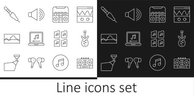 Set line DJ remote and mixing music Electric bass guitar Home stereo with speakers Laptop note Music wave equalizer Audio jack file document and Speaker volume icon. Vector.