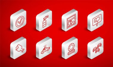 Set line Traffic jam Air horn Broken window Protest Lying burning tires Check mark round Police car and flasher and bottle weapon icon. Vector.