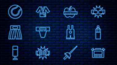 Set line Stopwatch Punching bag Apple and measuring tape Groin guard Boxing short Tennis ball Wrestling singlet and Japanese costume Kimono icon. Vector.