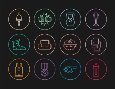 Set line Fitness shaker Boxing glove Kettlebell Sport bag boxing shoes Ringing Apple and measuring tape and Punch gloves icon. Vector.