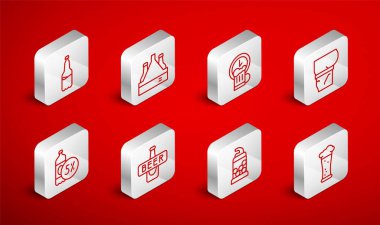 Set line Glass of beer Pack bottles Happy hour Beer belly Bottle opener Plastic and icon. Vector.